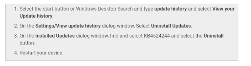 Microsoft Windows 10 KB4524244 problemer bekræfter.JPG